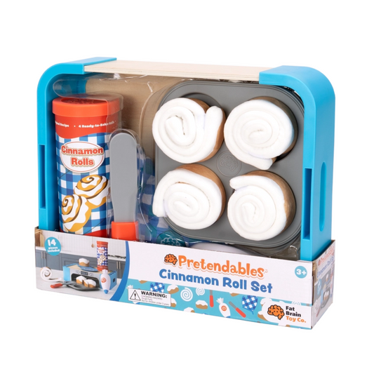 Pretendables Cinnamon Roll Set-Toys-Fat Brain Toys-You can practically smell the oven-fresh joy! Pop open the canister and pull out the four plush cinnamon rolls - they can actually be unrolled and rolled back up! Place them on the tray, bake them in the oven, use the piping bag to add the icing, and then spread it out perfectly with the child-safe knife. Made with high-quality materials and featuring an "oven" that's also a storage crate, the Pretendables Cinnamon Roll Set is as lovely as a sunny weekend m