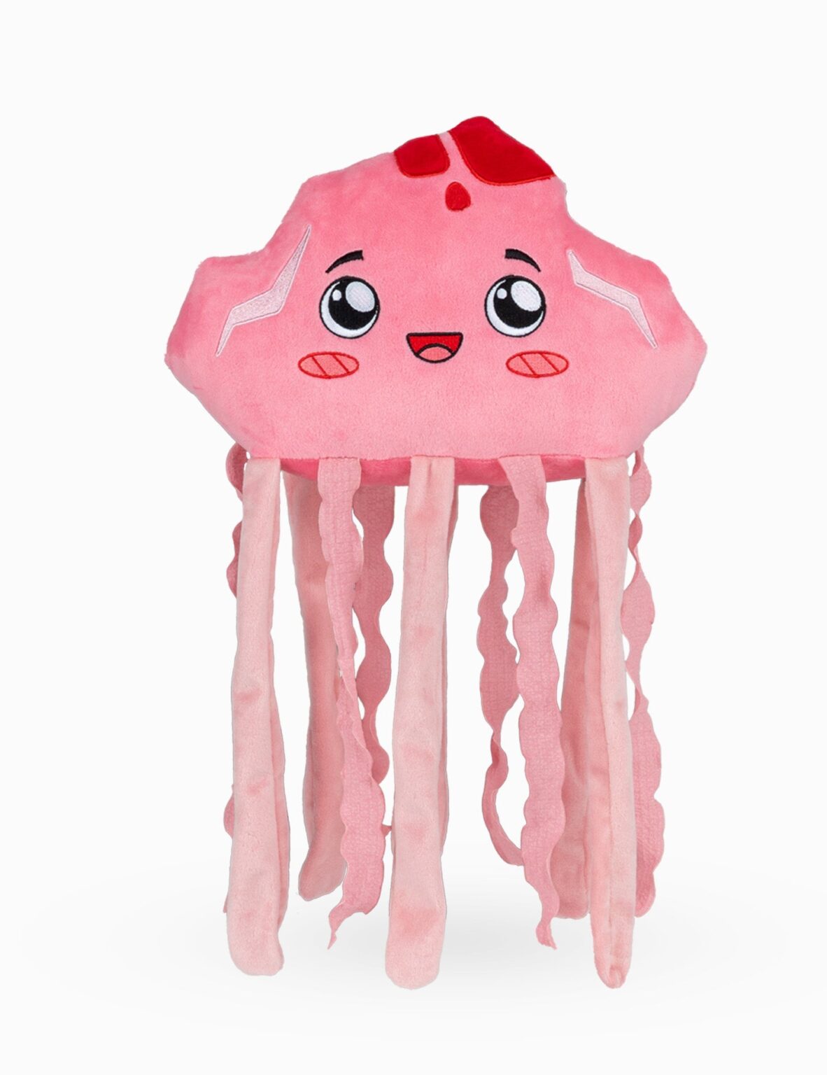 Pink jellyfish plush toy with a happy expression on a white background. Jellyfish x Rocky, lankybox collaboration