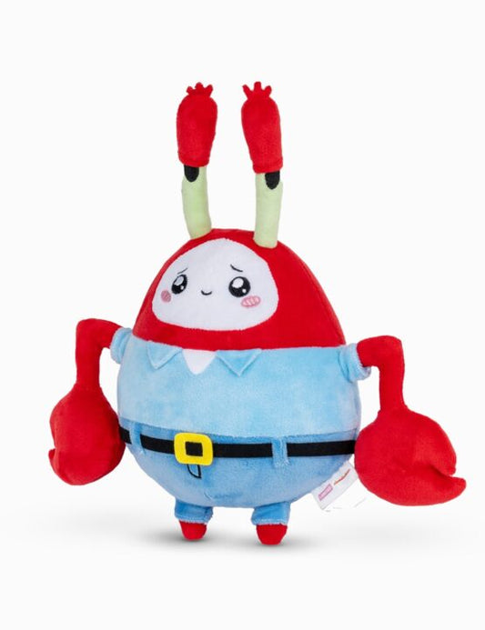 Plush toy with a red hat and blue body on a white background, lankybox, mr.krabs