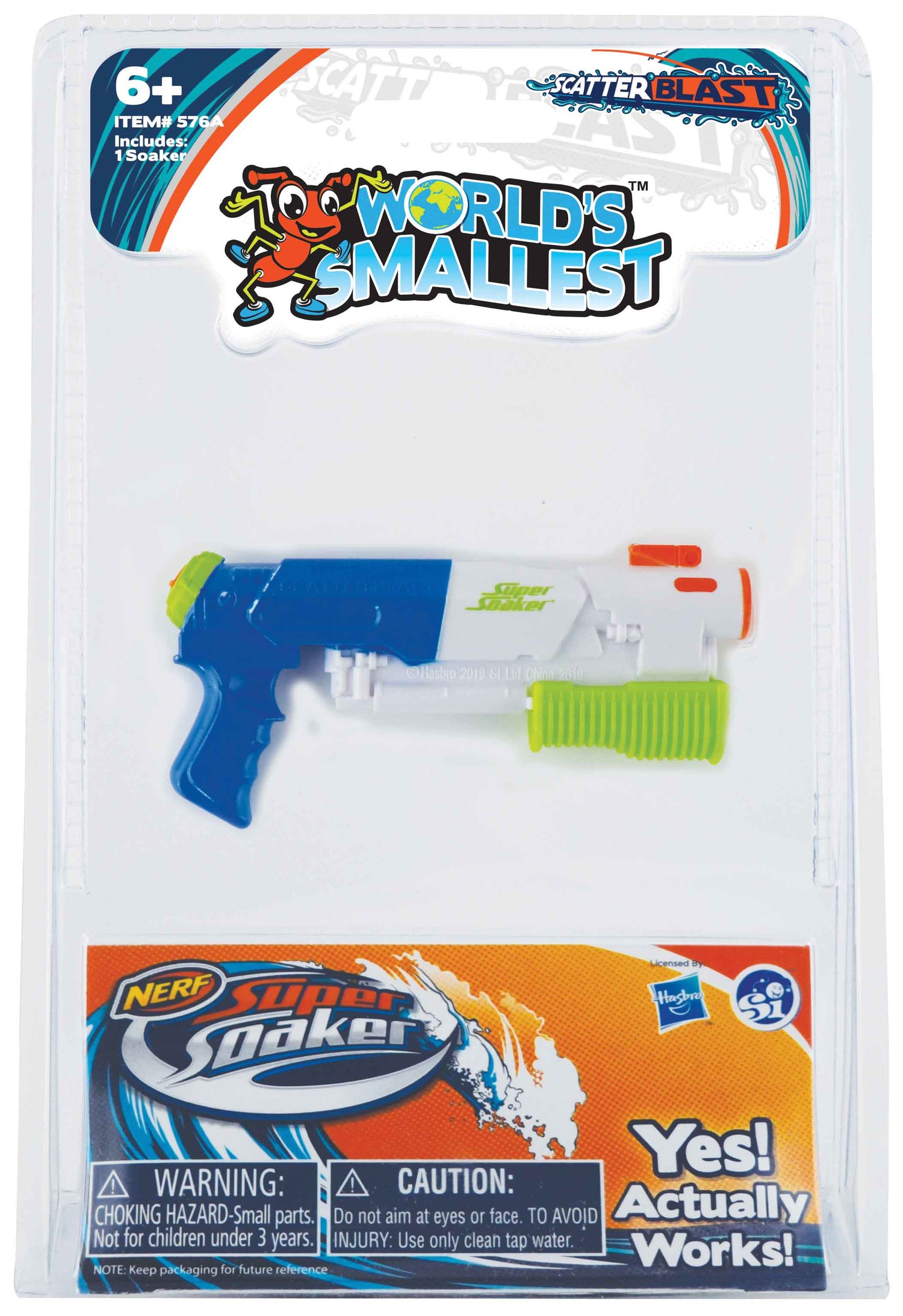 The image shows a Nerf Super Soaker water gun in a blue and gray color scheme, packaged in a clear plastic blister on a card with the product name and branding visible.