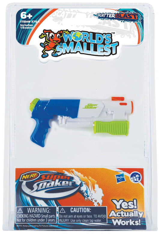 The image shows a Nerf Super Soaker water gun in a blue and gray color scheme, packaged in a clear plastic blister on a card with the product name and branding visible.