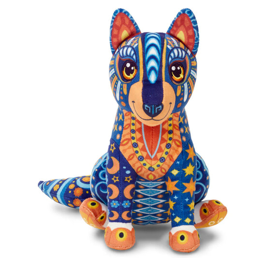 A colorful plush toy resembling a wolf with a vibrant and detailed design, featuring a mix of blue, orange, and turquoise colors.
