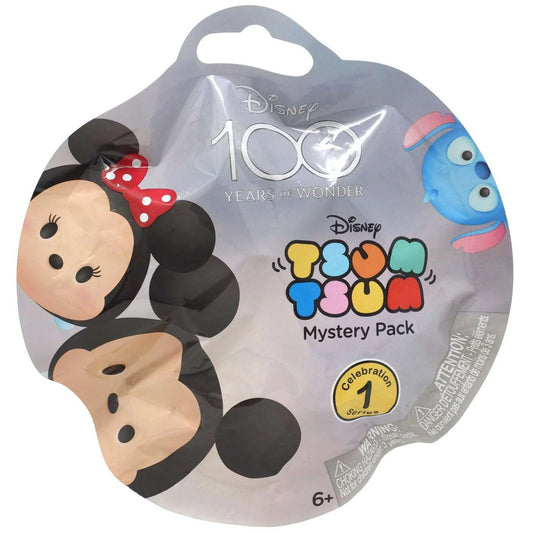 Packaging of Disney Tsum Tsum Mystery Pack with figures of Mickey Mouse and other Disney characters, celebrating 100 years of Disney.