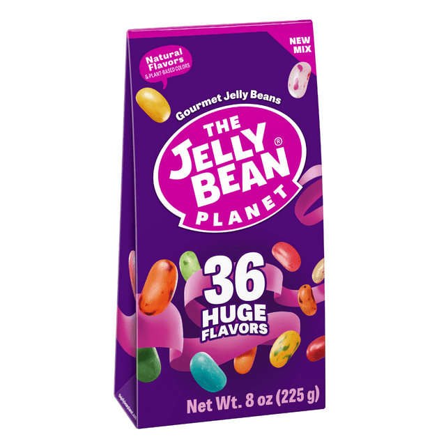 A package of The Jelly Bean Planet Gourmet Jelly Beans featuring 36 flavors. The package is purple with images of various jelly beans displayed in front and the net weight of 8 oz (225g) is mentioned.