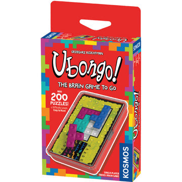 Packaging for 'Ubongo: The Brain Game to Go' featuring the game's colorful tiles and puzzle cards visible inside a red box.