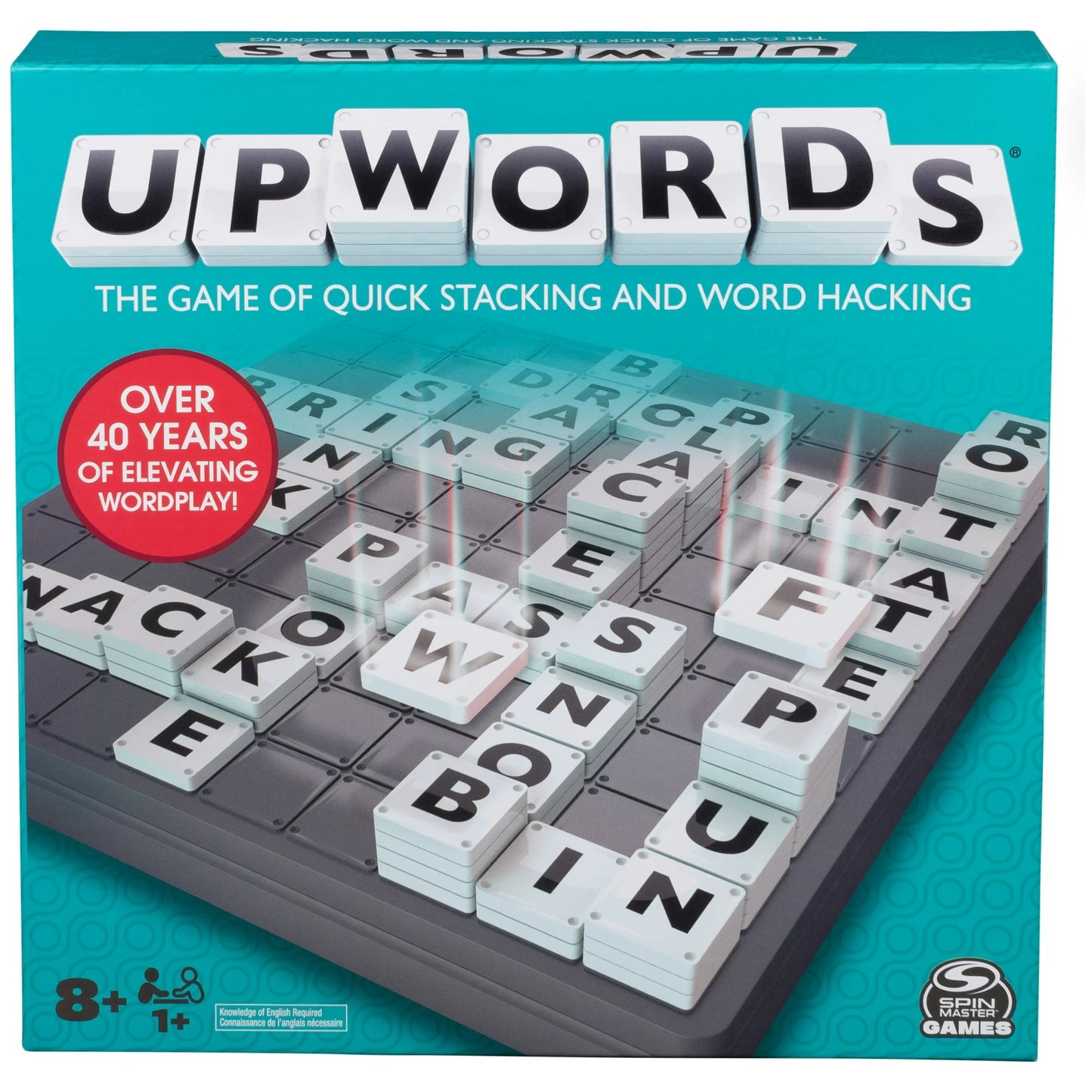 The image shows the board game 'Upwords' with its game board and letter tiles. The product packaging indicates it is a game for 8+ years old and includes 400 pieces.