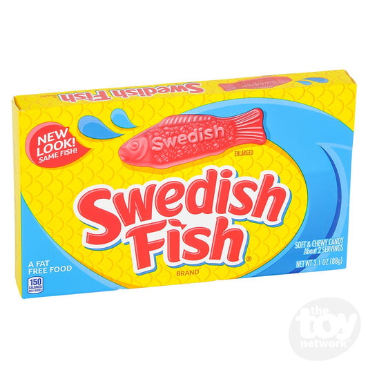 A box of Swedish Fish theater candy with a picture of a red fish on the front, stylized text, and the brand name.