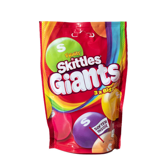 A bag of Skittles Giants candies in a colorful package showing the Skittles logo and the text '5 fruits'