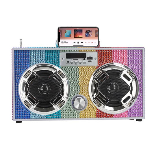 Rainbow Bling Wireless Boom Box with Fm Radio-Toys-Trend Tech Brands-Boom Box Bling Couture - Where Style Meets Technology! Boost your music game with this vintage retro style Bling Boom Box that’s designed to turn heads! It seamlessly combines technology with unbeatable convenience. It's the perfect companion for all music lovers! Enjoy wireless freedom with Bluetooth connectivity. Simply pair your device and play your favorite tunes, podcasts, or audio books from your library and streaming platforms. Stay