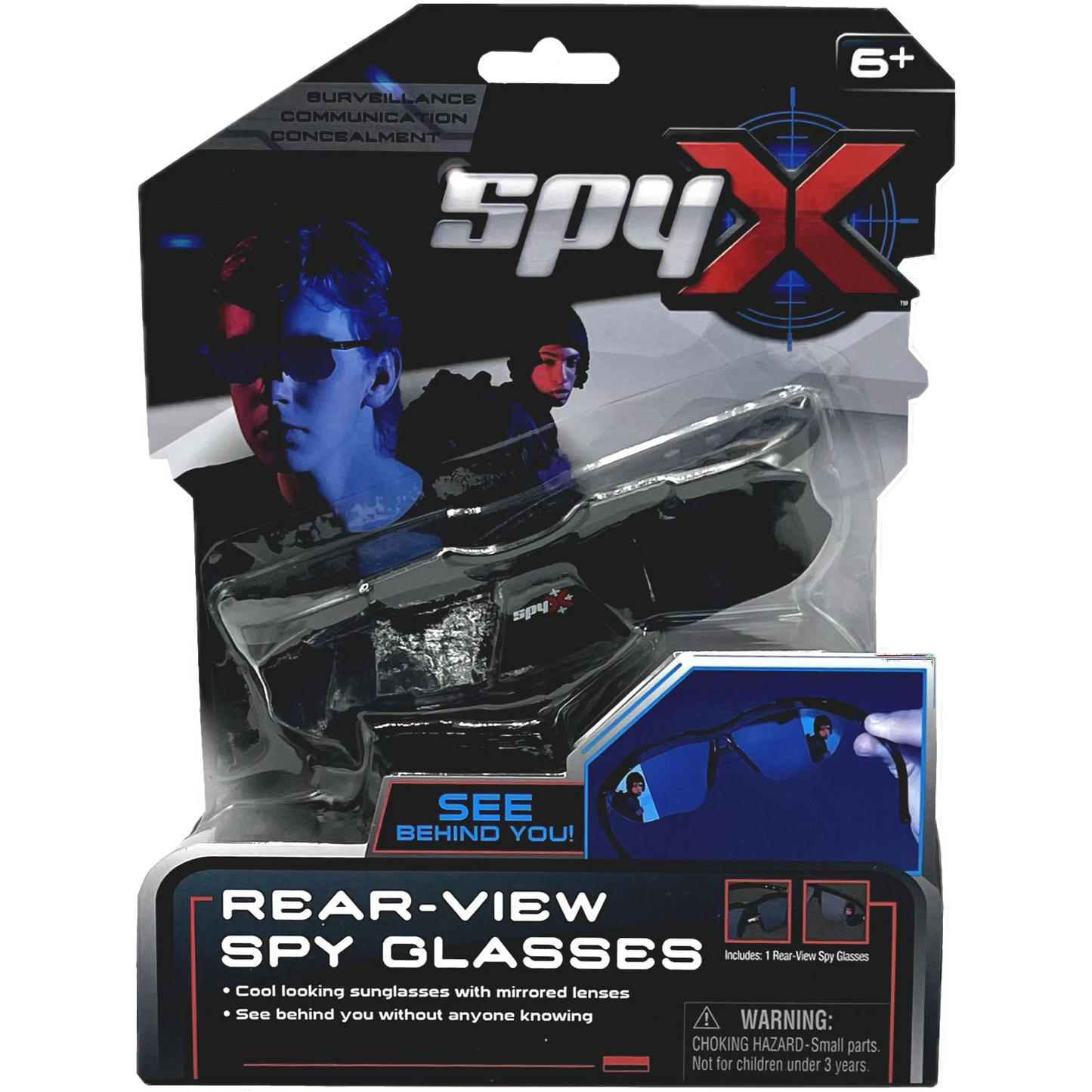 Packaging for SPY X rear-view spy glasses with sunglasses featured in a plastic blister pack. The packaging includes a image of a person wearing the glasses and has the text 'SEE BEHIND YOU'.