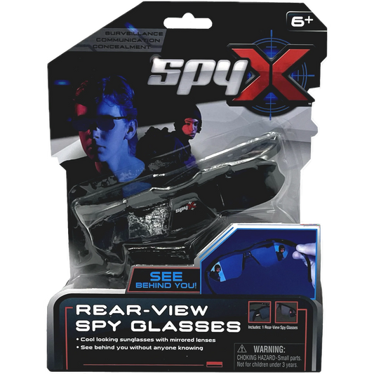 Packaging for SPY X rear-view spy glasses with sunglasses featured in a plastic blister pack. The packaging includes a image of a person wearing the glasses and has the text 'SEE BEHIND YOU'.