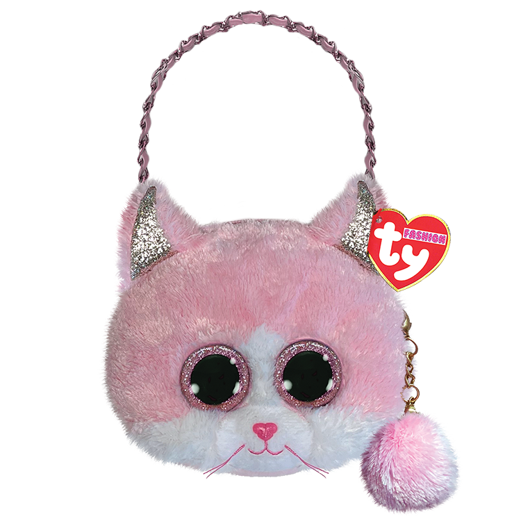 Plush pink cat-shaped purse with glittery eyes and sparkly ears, featuring a handle.