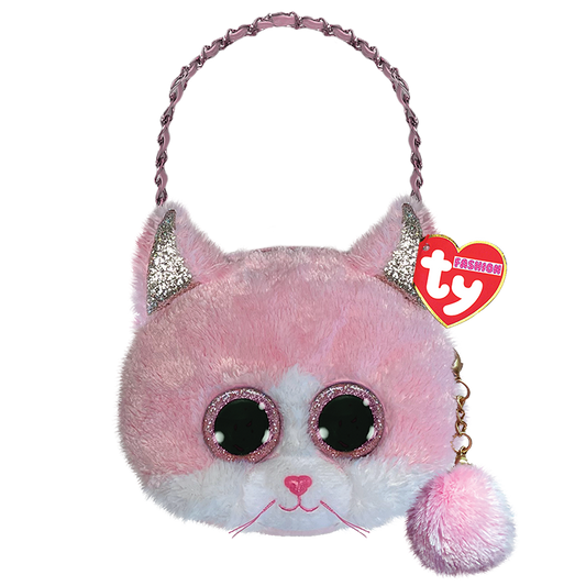 Plush pink cat-shaped purse with glittery eyes and sparkly ears, featuring a handle.