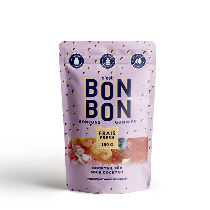 A package of Sour Cocktail Gummy Candies by BON BON BON, showing various fruit-flavored gummies on a pink background.