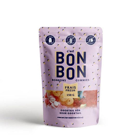 A package of Sour Cocktail Gummy Candies by BON BON BON, showing various fruit-flavored gummies on a pink background.