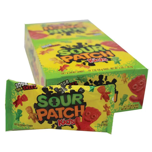 A box of Sour Patch Kids candy with a tear-opened bag in front, displaying various colored gummy candies.