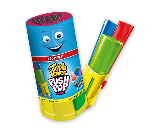 Push Pops Triple Power-Toys-Grandpa Joe's Candy Shop-Triple the pop, triple the fun! The powerful fruity lollipops of Triple Power Push Pop can be enjoyed now and saved for later. Try each flavor separately, combine two, or enjoy all three together as you push up the flavor levers. Triple Power Push Pop® comes with 3 mouth-watering flavors in 1- Strawberry, Blue Raspberry and Watermelon. Push pops are perfect for kid's parties, party favors, just for a snack or to hand out to little trick or treaters.-Kidz