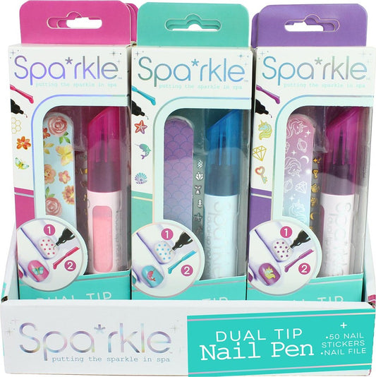 Packaging for Sparkle Dual Tip Nail Pens, featuring multiple nail pens in different colors and decorated with various patterns and characters, plus an additional sticker sheet.