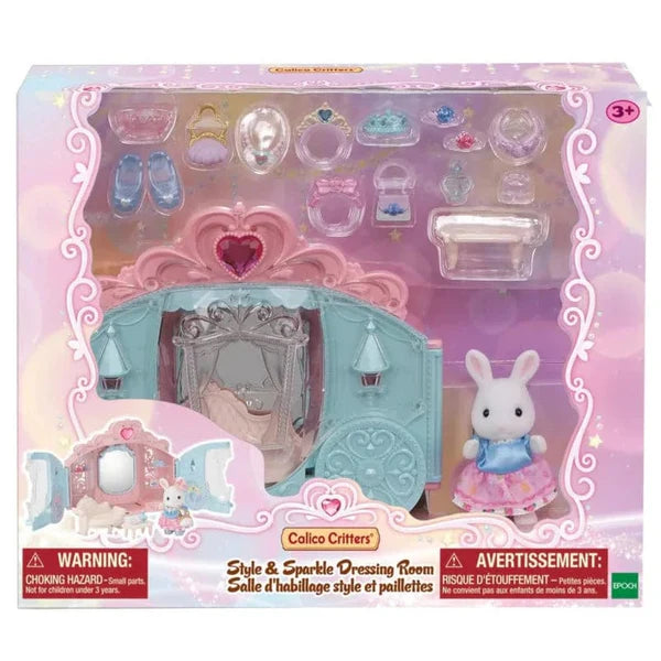 Calico Critters Style & Sparkle Dressing Room-Toys-Epoch-Enhance your child’s imaginative and role-playing skills with Calico Critters Style & Sparkle Dressing Room playset. The playset featuring a carriage opens to a beautiful dressing that is fit for the princess Snow Rabbit Girl Maisie. With 16 pieces of furniture and accessories, kids can enhance the look of the dressing room. Ages 3+ WARNING: Choking Hazard - Small parts. Not for children under 3 years.-Kidz Toys