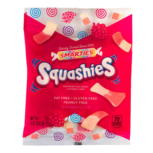 A package of Smarties Squashies candy, fat-free, gluten-free, and peanut-free, with a red and blue color scheme featuring the candies and brand logos.