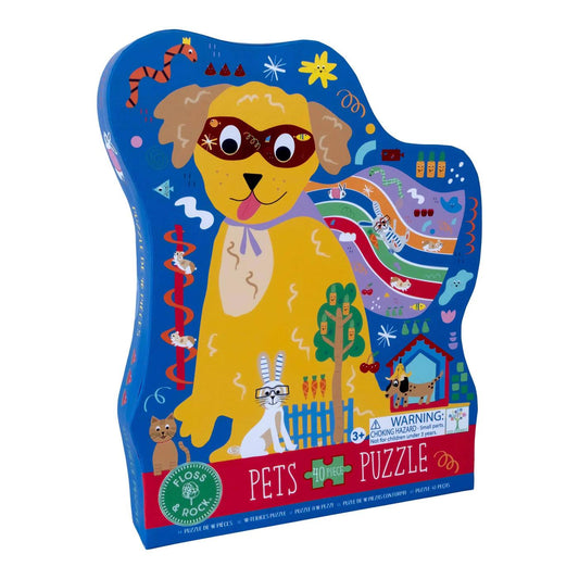 Pets 40pc "Super Dog" Shaped Jigsaw with Shaped Box-Toys-Floss and Rock-You'll love building this super cool doggy (complete with a mask and a rainbow cape!) and all of their friends in this fabulous 40 piece jigsaw. With chunky puzzle pieces and shiny foil details, this jigsaw will enhance problem solving skills, improve hand/eye coordination and help develop memory and concentration. The puzzle is printed using soy inks, made from recycled materials and is fully recyclable. FEATURES: Improves hand/eye coo