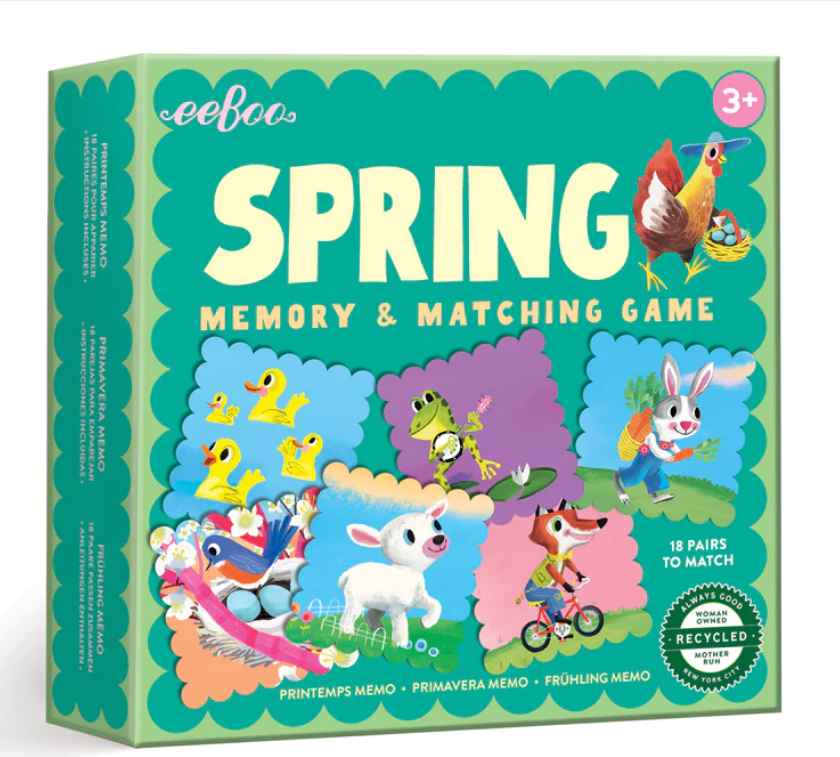 A colorful box of the 'Spring Little Square Memory Game' featuring illustrations of animals in spring attire, such as birds, rabbits, and a chicken riding a bicycle.