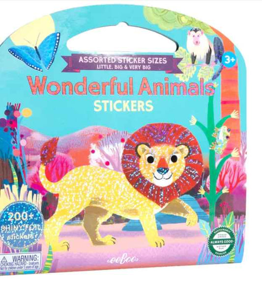 Packaging for 'Wonderful Animals Shiny Stickers' showing various colorful illustrated animals such as a lion and butterfly, meant for use as stickers.