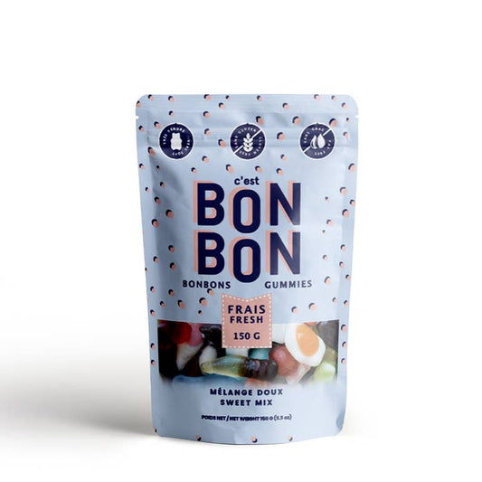 A package of 'C'est Bon Bon' gummy candies featuring an assortment of soft teddy bears, worms, and brightly colored fruits.