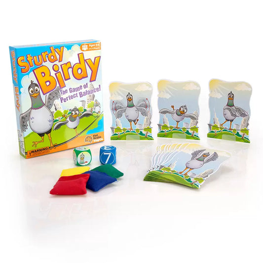 The image shows the 'Sturdy Birdy' game set which includes a box with game components, dice, and colorful pads for balancing activities.