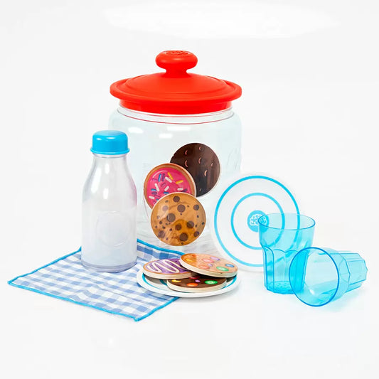 Pretendables Milk and Cookies Set-Toys-Fat Brain Toys-Reach into the jar and grab the cookie of your choice. There's chocolate chip, double chocolate chip, pink with sprinkles, purple with icing swirls, and more. Serve it on a plate. Then, don't forget the milk! The milk inside the bottle flows and disappears as if it's really being poured out! With quality materials and integrated storage, the Pretendables Milk and Cookies Set is a playtime treat that's sure to last. Pretend play set featuring wooden cooki