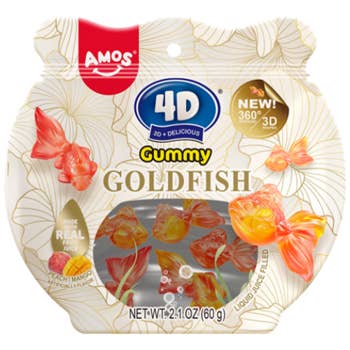 Amos 4D Gummy Lucky Fish Liquid Juice Filled-Toys-Grandpa Joe's Candy Shop-Amos 4D Gummy Goldfish sound like a delightful and fun treat! The Lucky Fish shape adds a playful touch, and the mix of mango and white peach flavors is a refreshing twist. I love that they’re individually wrapped, which makes them super convenient for snacking on the go and also keeps them fresh. Plus, the fact that they’re made with real fruit juice makes them feel a bit more premium and appealing to those looking for a fruity, fla