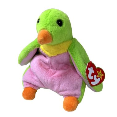 A plush toy resembling a lime green penguin with a pale pink belly and yellow neck, featuring black button eyes and an orange beak and feet.