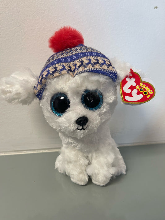 White beany boo plush toy dog with blue glitter eyes and a winter hat