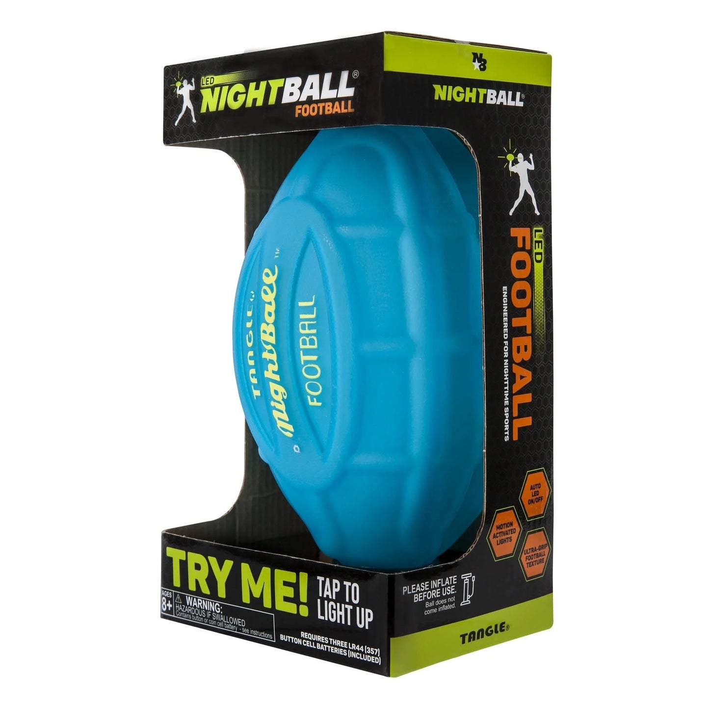 A Tangle Nightball Football in blue color, packaged in a box with LED lights designed for visibility in the dark.