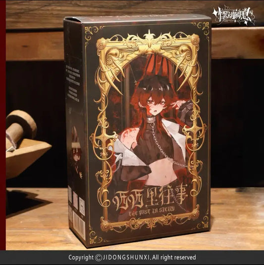 Decorative box with an illustration of a character on a wooden surface