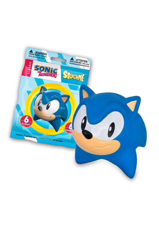 Packaged Sonic the Hedgehog SquishMe toy, predominantly blue with white and yellow accents, displayed in front of its packaging.