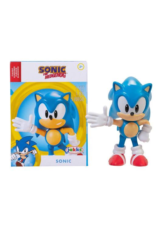 Articulated Sonic the Hedgehog figure with multiple points of articulation, including the arms, legs, and head. The figure is blue with white and yellow accents, and it is displayed alongside its packaging which has the Sonic the Hedgehog logo and colors.