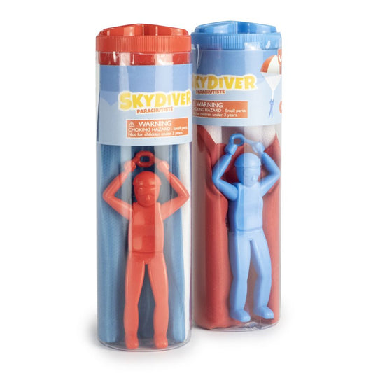 Two tubed parachutes with one in orange and the other in blue. Each tube has a parachute toy inside, one figurine is orange and the other is blue.