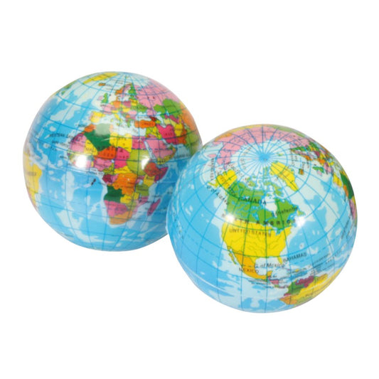 Two small globe-shaped sponge balls with a printed map of the world on them.