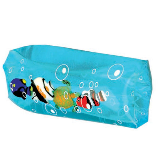 A blue water snake toy with colorful fish-like patterns and bubbles, designed for sensory play.