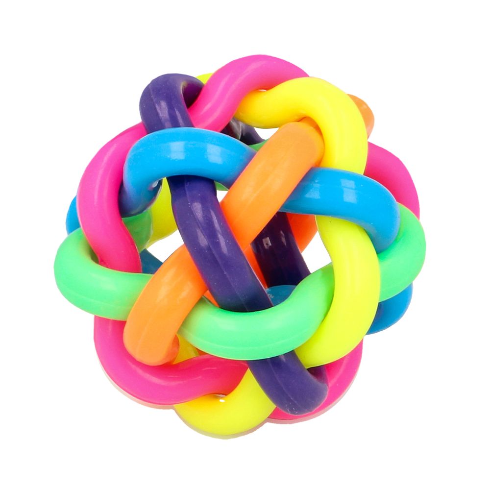 A multicolored tangle bouncy ball with tightly linked shapes in rainbow colors.