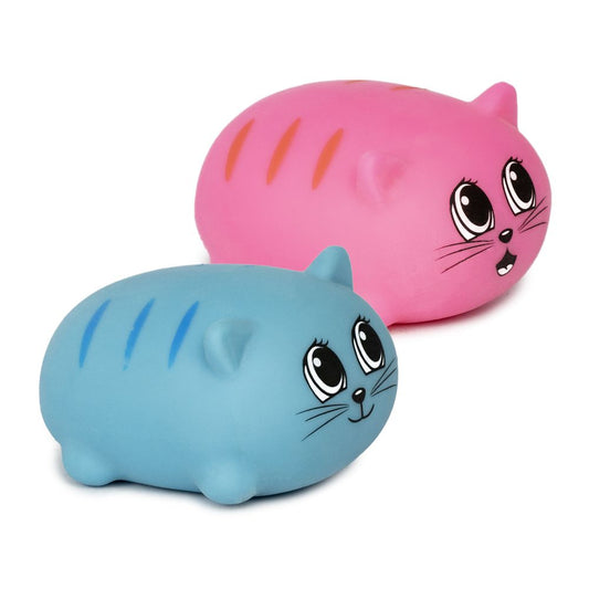 Two plush cat toys, one pink and one blue, with cute facial features.