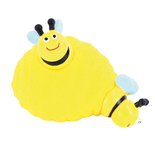 A stretchy toy shaped like a bumble bee with a yellow body and black, blue, and white accents representing the bee and its hive.