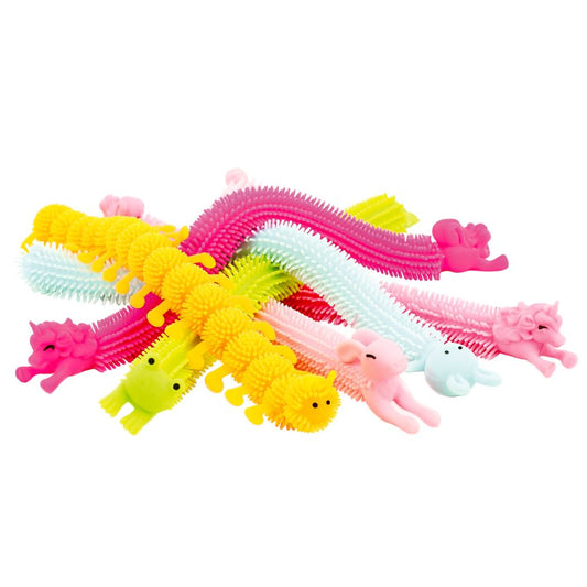 A collection of colorful stretchy noodle animals in various animal shapes placed against a white background.