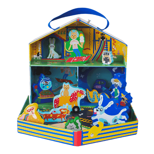 Pets Playbox-Toys-Floss and Rock-With the brilliant Pets Playbox, anything is PAWS-ible! Featuring 12 quality double sided pieces and 3 fun roomsets with a playground and secret cut-out sections with a cosy kennel house and a super splash pool area. Play the day away with a skateboarding (and ice cream eating) cat, a funny little hamster, a daschund that's heading for the pool and many more. The wooden pieces include two on wheels; a speedy shetland pony and a cycling dog! When you're finished playing, stor