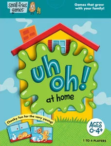 A board game box cover for 'uh oh! at home' featuring a colorful graphic of a house with the game's name and age recommendation of 0+ years.