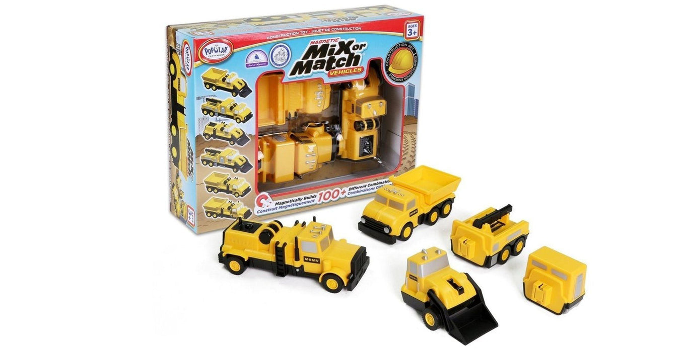 Magnetic Mix or Match Vehicles Construction-Toys-Renee Levine Sales-This set of three construction vehicles includes a dump truck, a tow truck, and a loader. If one of these alone isn’t up to the job, mix them up to create the right truck for the job. Combine them with vehicles from additional sets to start making vehicles that can do almost anything. Unlock a child’s imagination and watch them play for hours on end!-Kidz Toys