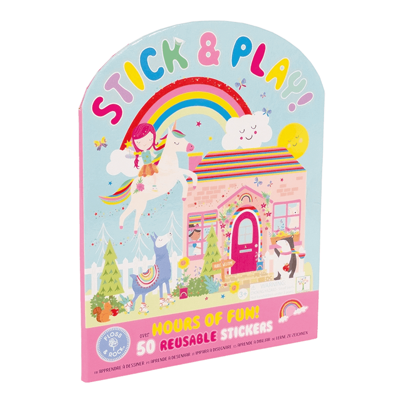 Rainbow Fairy Stick & Play-Toys-Floss and Rock-The Rainbow Fairy Stick & Play book is so much fun and educational at the same time too! With over 50 fun shaped reusable stickers including fairies, unicorns, a hula hooping bear so much more. There are 2 fold out scenes to create and make up stories using the repositionable stickers. At the back there is a separate section where you match the stickers to their shapes. This will entertain little ones for hours! The hard back book folds completely flat making i