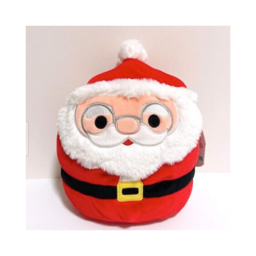 An 8-inch plush toy resembling a cartoon version of Santa Claus wearing a red suit with black trim and a white beard.