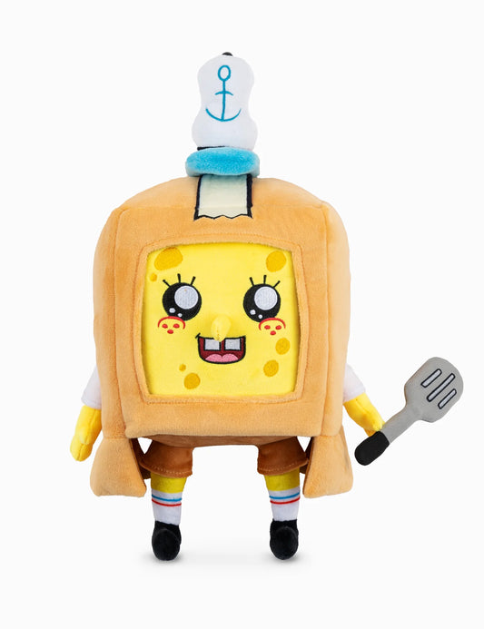 Plush toy of a character in a costume with a yellow face and brown outfit on a white background